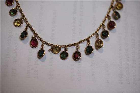 An early-mid 20th century gold and multi-coloured tourmaline drop fringe necklace, 38cm.